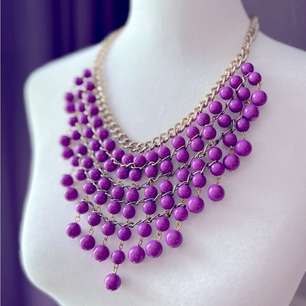 Vintage Gold and Purple Beaded Bib Necklace